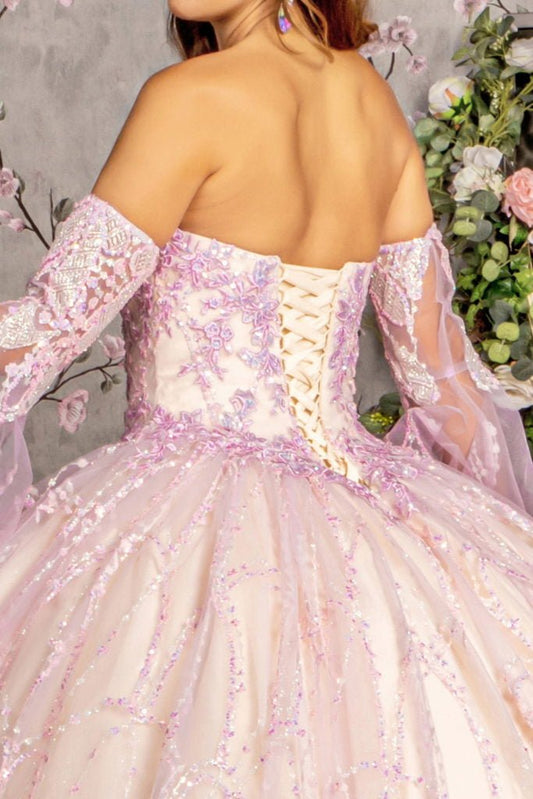 Jewel Sequin Mesh Ball Gown w/ Detachable Long Sleeves Tux-USA