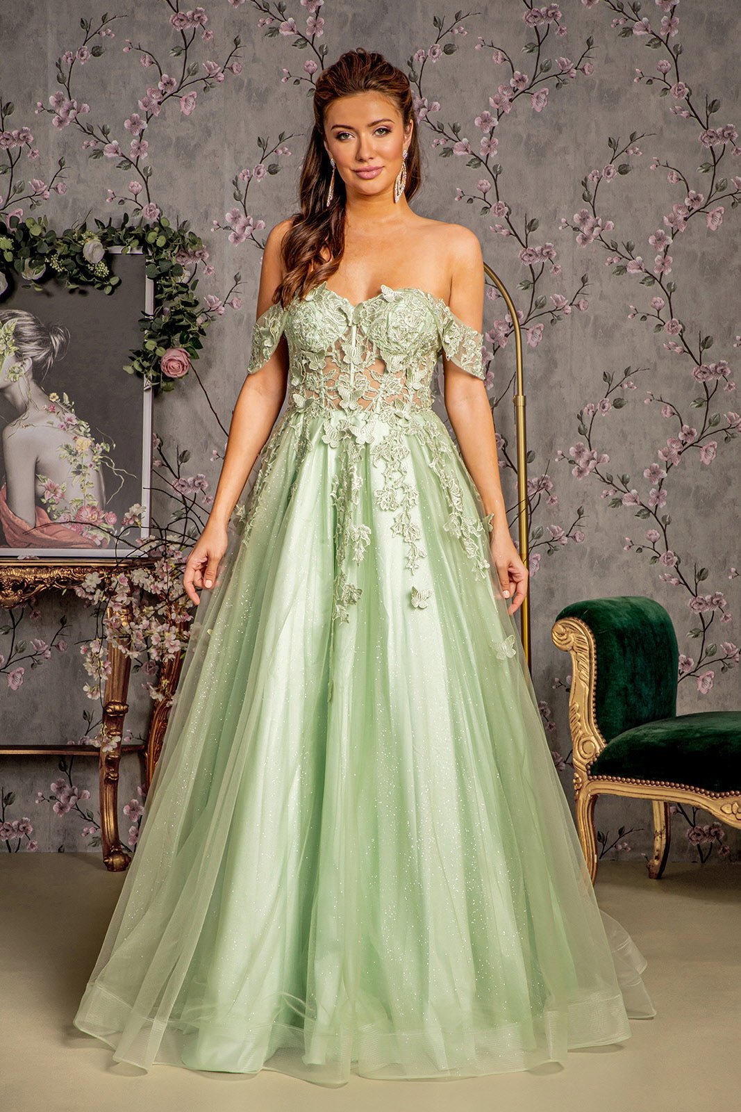 3-D Butterfly Bead Sheer Bodice Mesh A-line Long Dress Tux-USA