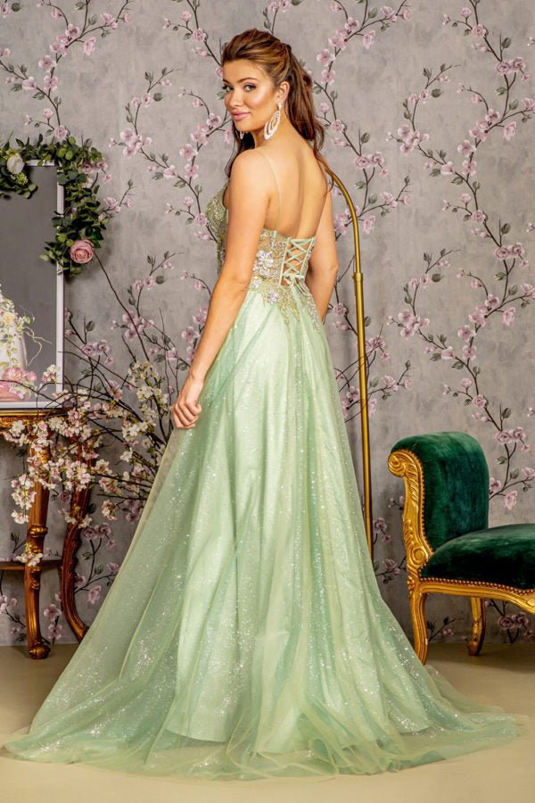 3-D Flower Jewel Sheer Corset Bodice Mesh A-line Long Dress Tux-USA