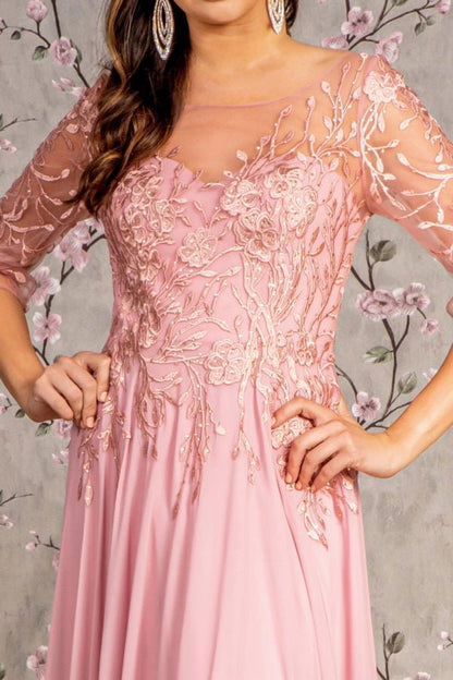 Bead Embroidery Sheer Neckline V-back Chiffon A-line Long Dress Tux-USA