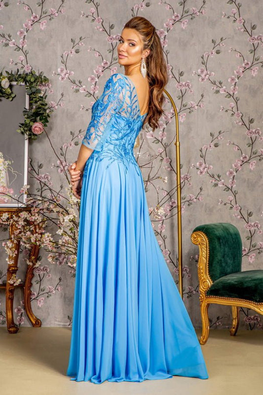 Bead Embroidery Sheer Neckline V-back Chiffon A-line Long Dress Tux-USA