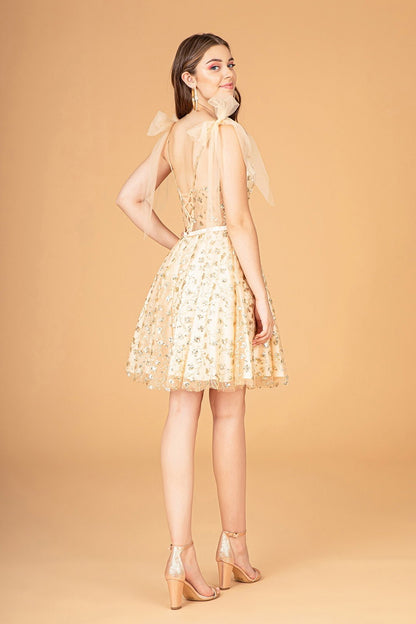 Glitter Baby Doll Short Dress with Sparkly Mesh Ribbons on Shoulder Tux-USA