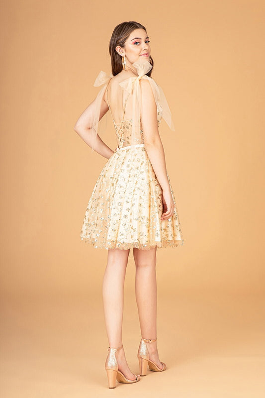 Glitter Baby Doll Short Dress with Sparkly Mesh Ribbons on Shoulder Tux-USA