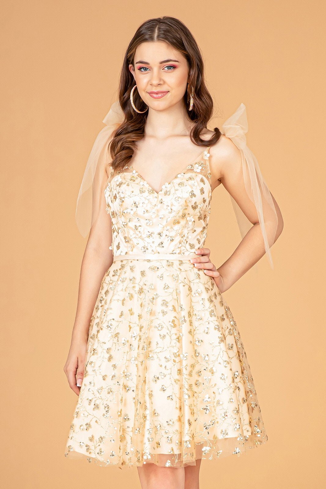 Glitter Baby Doll Short Dress with Sparkly Mesh Ribbons on Shoulder Tux-USA