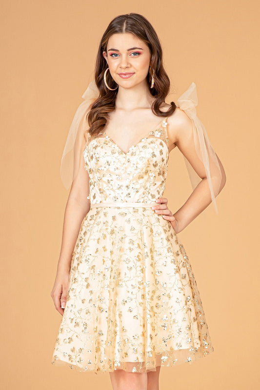 Glitter Baby Doll Short Dress with Sparkly Mesh Ribbons on Shoulder Tux-USA